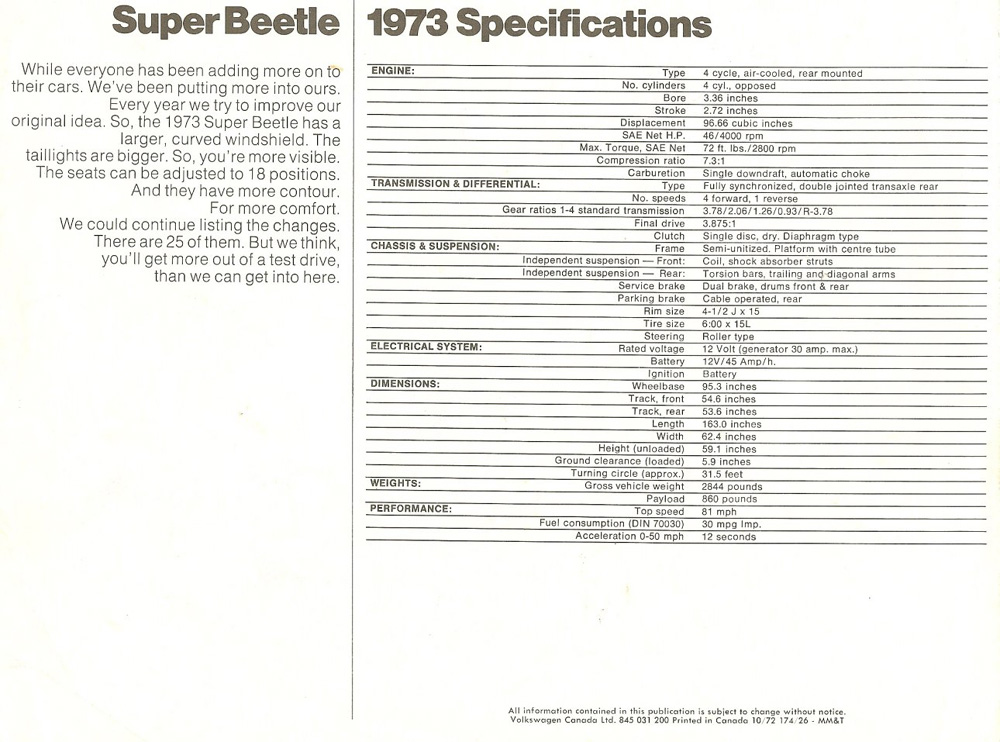 1973 Super Beetle spec sheet page 2