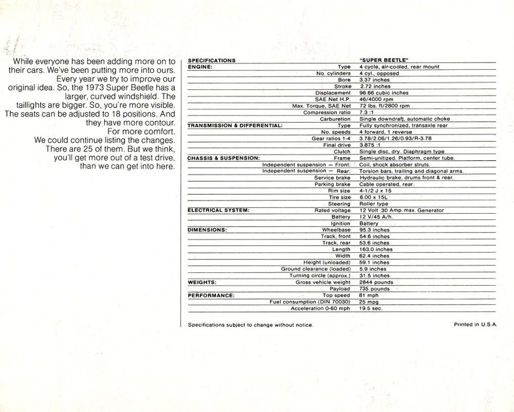 1973 Super Beetle dealer handout page 2