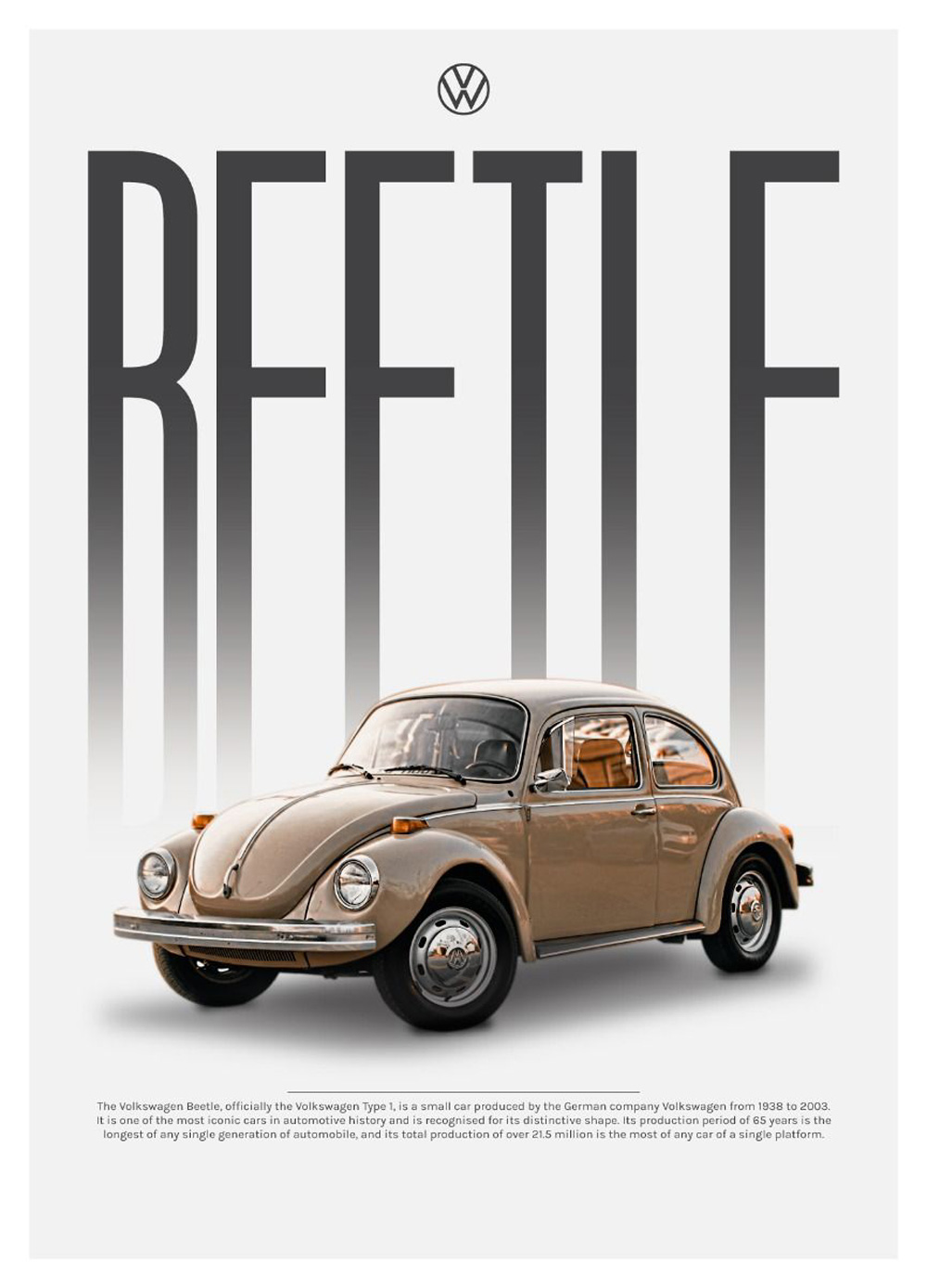 A poster depicting a vintage Volkswagen Super Beetle, highlighting its status as an iconic car with a long production history. Produced by Volkswagen from 1938 to 2003, it holds the record for the longest production run of any single generation of automobile. With over 21.5 million units produced, it is one of the most manufactured cars on a single platform in history.
