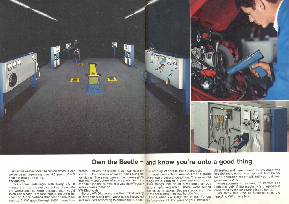 Page 10 of this 1972 Volkswagen sales brochure showcases the Volkswagen Beetle and its advanced diagnostic system for quality assurance. The ad highlights the VW Beetle, boasting that over 14 million units have been built over 25 years. It emphasizes "VW quality" through rigorous workmanship and an inspection process involving 8,655 inspectors before a car leaves the factory. 