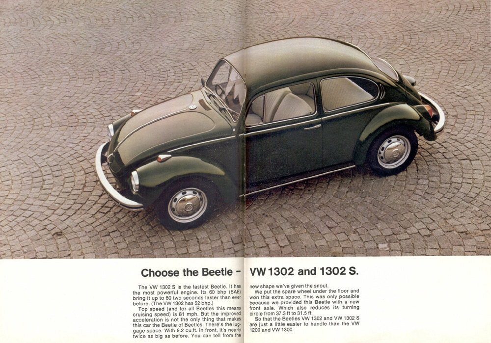 Page 7 of this 1972 Volkswagen sales brochure for the Volkswagen 1302 and 1302 S models, highlights improvements in performance and storage capacity. The VW 1302 S model features a 60 bhp engine, allowing it to reach a top cruising speed of 81 mph. Luggage space was increased to 9.2 cubic feet by relocating the spare wheel under the floor. A new front axle design reduced the turning circle from 37.3 ft to 31.5 ft, improving handling.