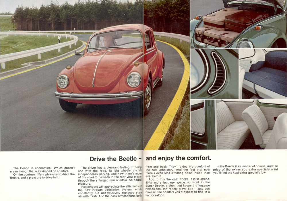 Page 6 of this 1972 Volkswagen sales brochure promotes the Volkswagen Super Beetle, emphasizing its combination of economy and luxury-level comfort features. The car features independently sprung wheels, a flow-through ventilation system, soft upholstery, and reduced interior noise. The Super Beetle offers 85% more front luggage space than previous models, along with a hidden luggage shelf. The vehicle is equipped with an enlarged rear window for improved visibility.
