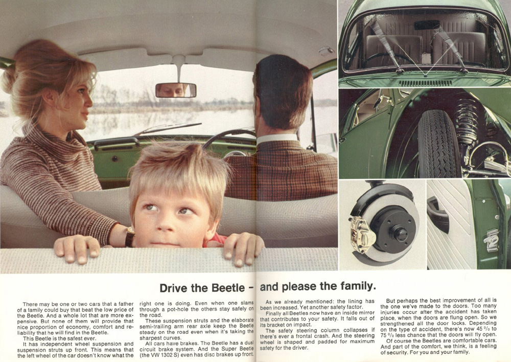 Page 5 of this 1972 sales brochure, highlights safety features, comfort, and economy for families. The car features a dual-circuit brake system, a collapsing safety steering column, and reinforced door locks. It includes independent wheel suspension and suspension struts to maintain stability on uneven roads and sharp curves. The ad markets the Beetle as an affordable option that offers a high level of comfort and security for family use.