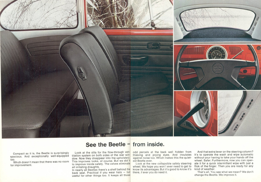 Page 3 of this 1972 Volkswagen sales brochure details interior improvements for the Volkswagen Beetle, emphasizing both comfort and safety features. The ventilation system slits have been integrated into the upholstery, improving aesthetics and reducing draughts. Features include a rear parcel shelf for storage and security, a new collapsible safety steering wheel, and a steering column lever for operating wash and wipe functions.