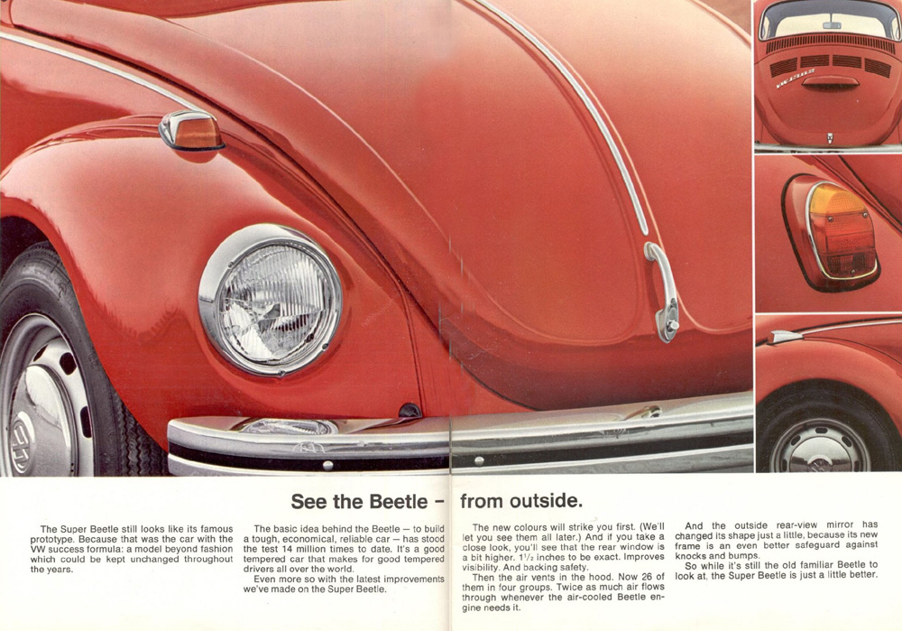 Page 2 of this sales brochure for the Volkswagen Beetle highlights its classic design and recent improvements. The Super Beetle maintains the iconic prototype look, styled to be a timeless model unchanged by fashion trends. The rear window was raised by 1.5 inches to improve driver visibility and safety when backing up. The hood now features 26 air vents arranged in four groups, doubling the airflow for the air-cooled engine.