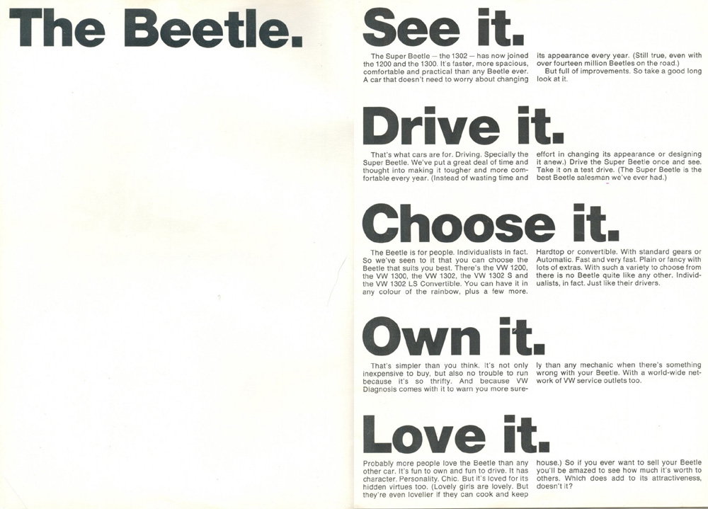 Page 1 of this 1972 Volkswagen sales brochure highlights the Volkswagen Beetle, emphasizing its practical design improvements and reliable performance. The ad features the "Super Beetle" (1302) alongside the 1200 and 1300 models. Focuses on increased space, comfort, and practical improvements rather than yearly appearance changes. Offers options for hardtop or convertible styles, standard or automatic gears, and various colors. Promotes the car as inexpensive to buy, thrifty to run, and supported by a global service network.