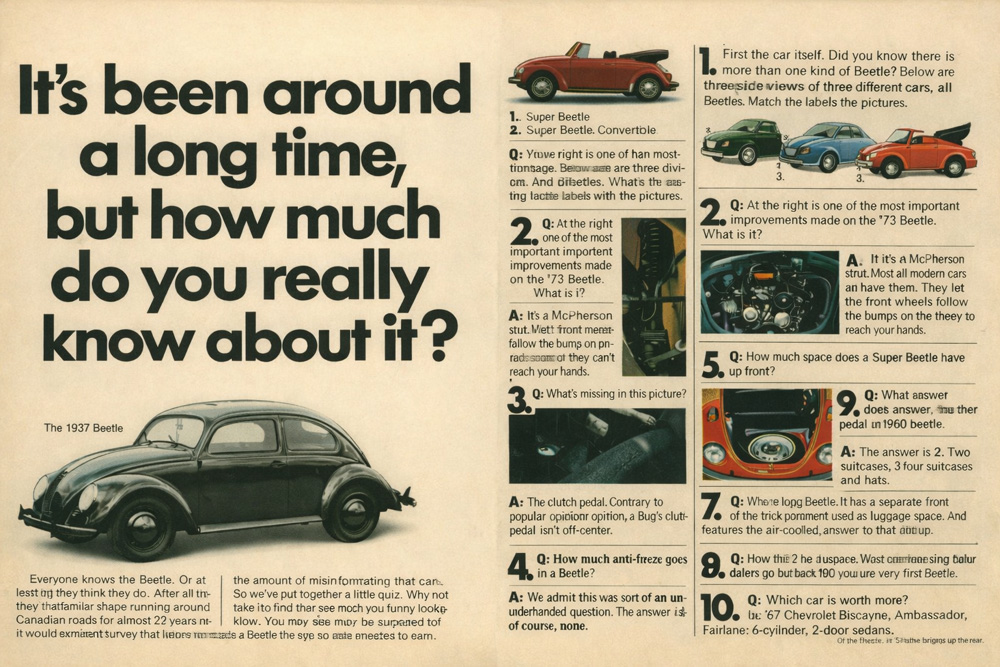 Two-page vintage Volkswagen Beetle quiz advertisement showing 1937 Beetle photo and trivia questions about Beetle models and features