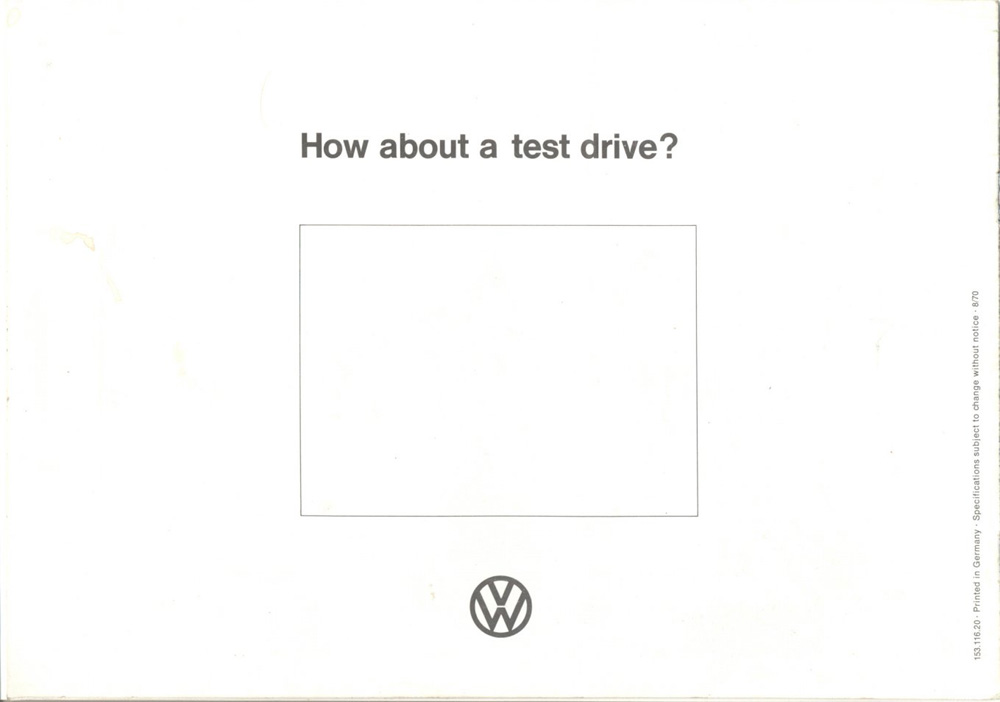 VW 1302 S brochure page with 'How about a test drive?' headline and Volkswagen logo