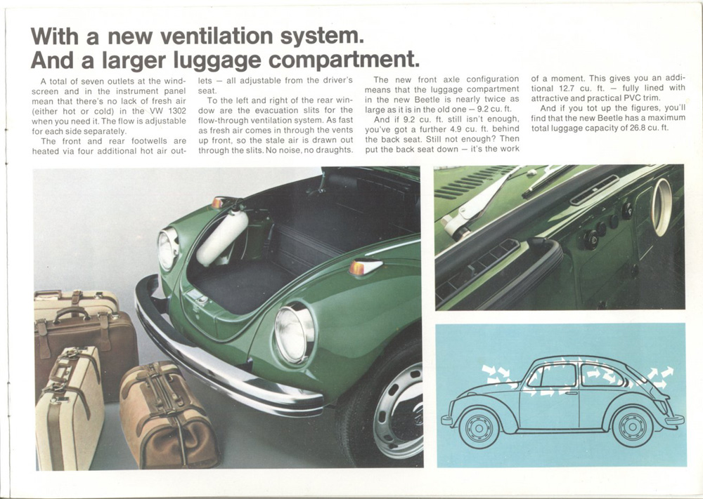 VW 1302 S brochure page showing front luggage compartment, dashboard ventilation controls, and airflow diagram