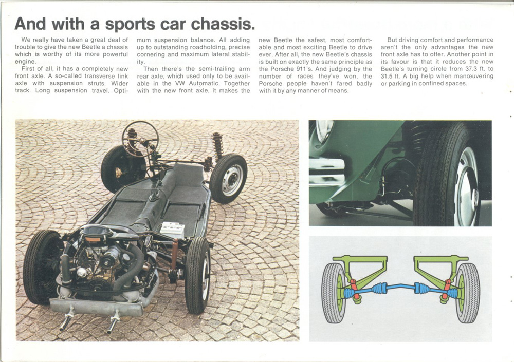 VW 1302 S brochure page showing full chassis, front suspension close-up, and technical axle illustration