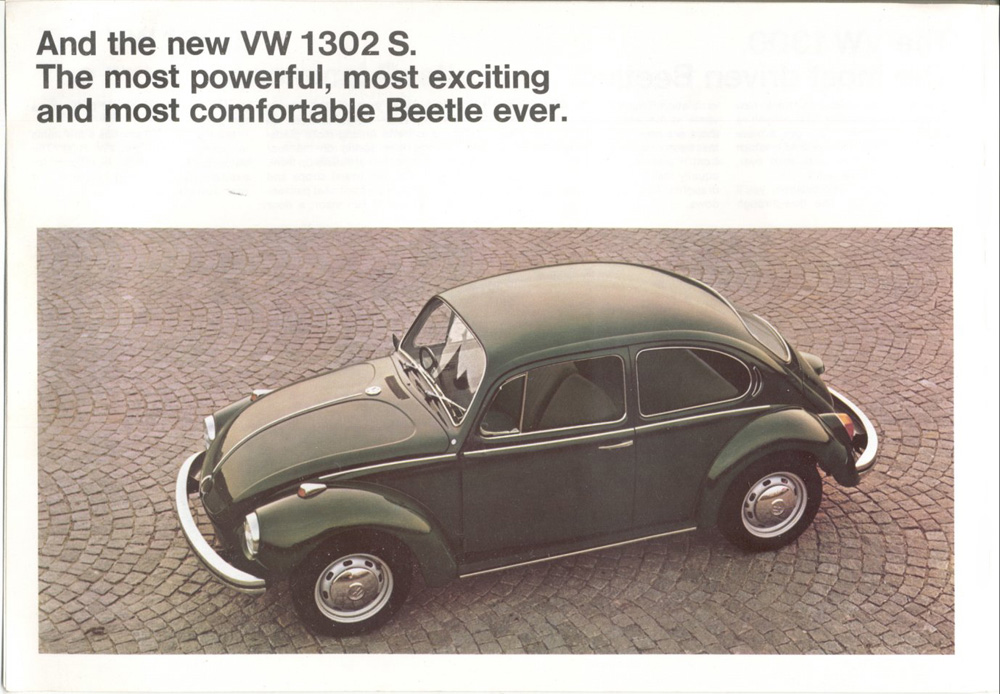 Green Volkswagen 1302 S Super Beetle on cobblestone with headline introducing the model