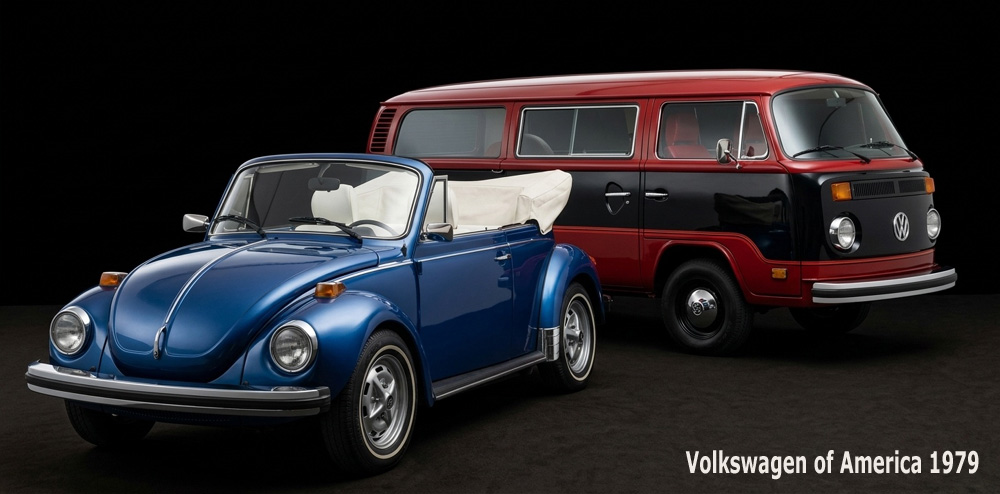 Blue Volkswagen Beetle convertible and red Volkswagen bus in a 1979 promo image