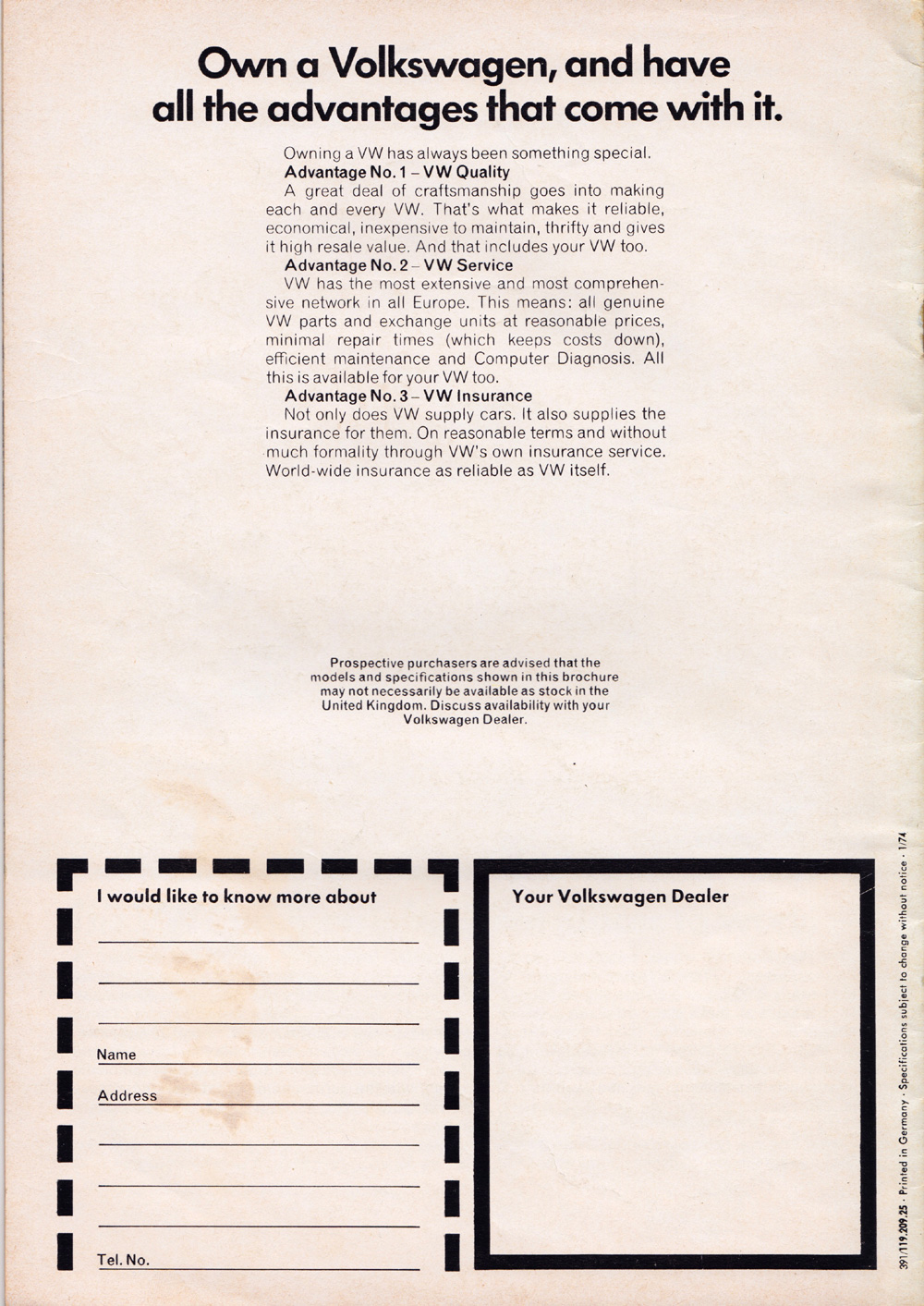 Vintage Volkswagen brochure page outlining VW quality, service, and insurance benefits.