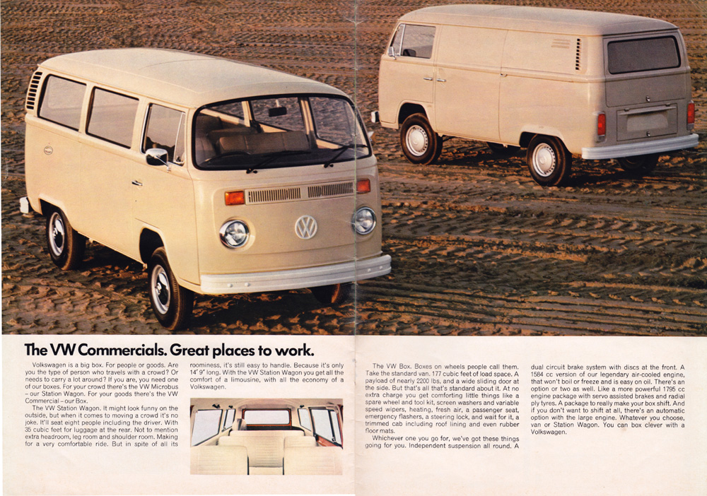Two Volkswagen commercial vans shown side by side in a vintage brochure.