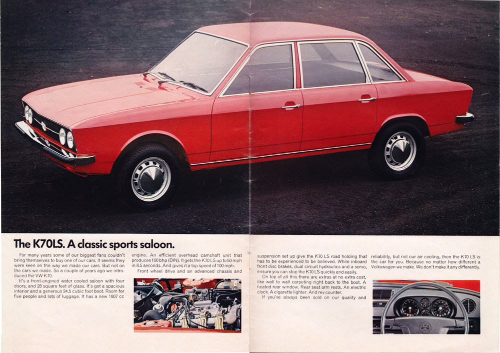 Red Volkswagen K70LS sports saloon shown with engine and dashboard details.