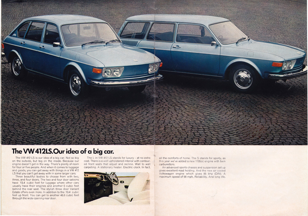 Two blue Volkswagen 412LS models shown side by side in a vintage brochure.
