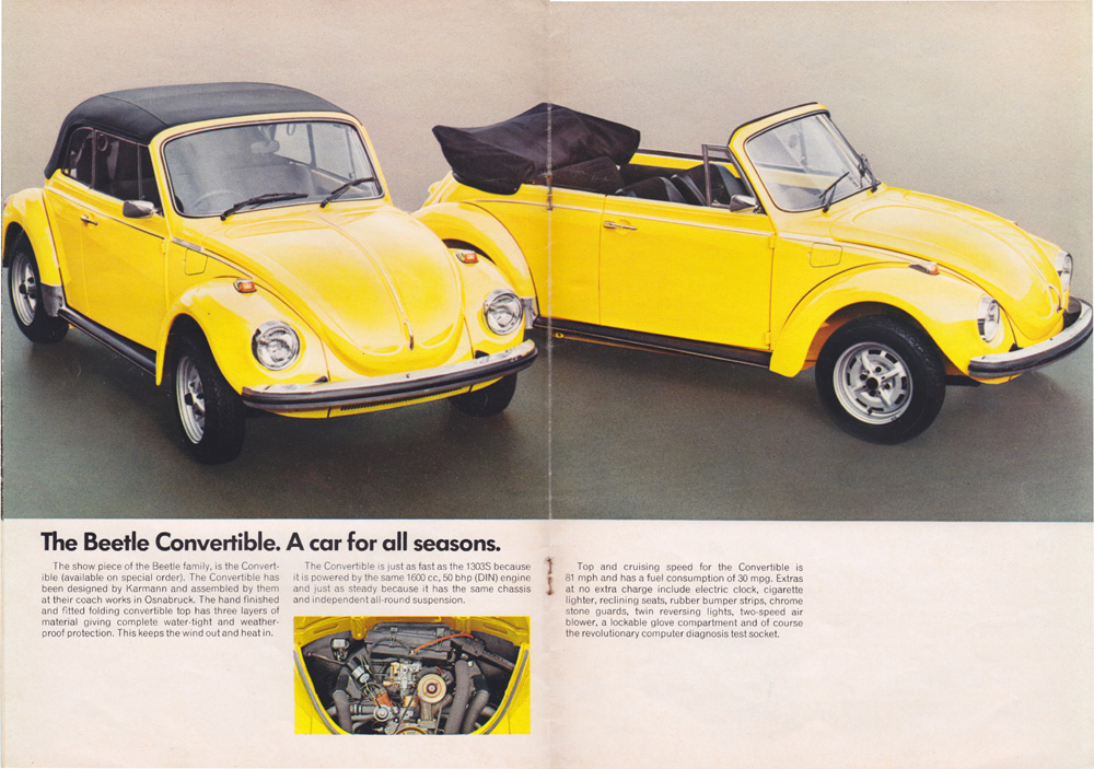 Two yellow Volkswagen Beetle Convertibles shown with tops up and down in a vintage brochure.