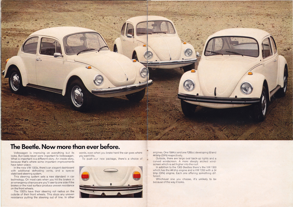 Three cream Volkswagen Beetles shown from multiple angles in a vintage brochure.
