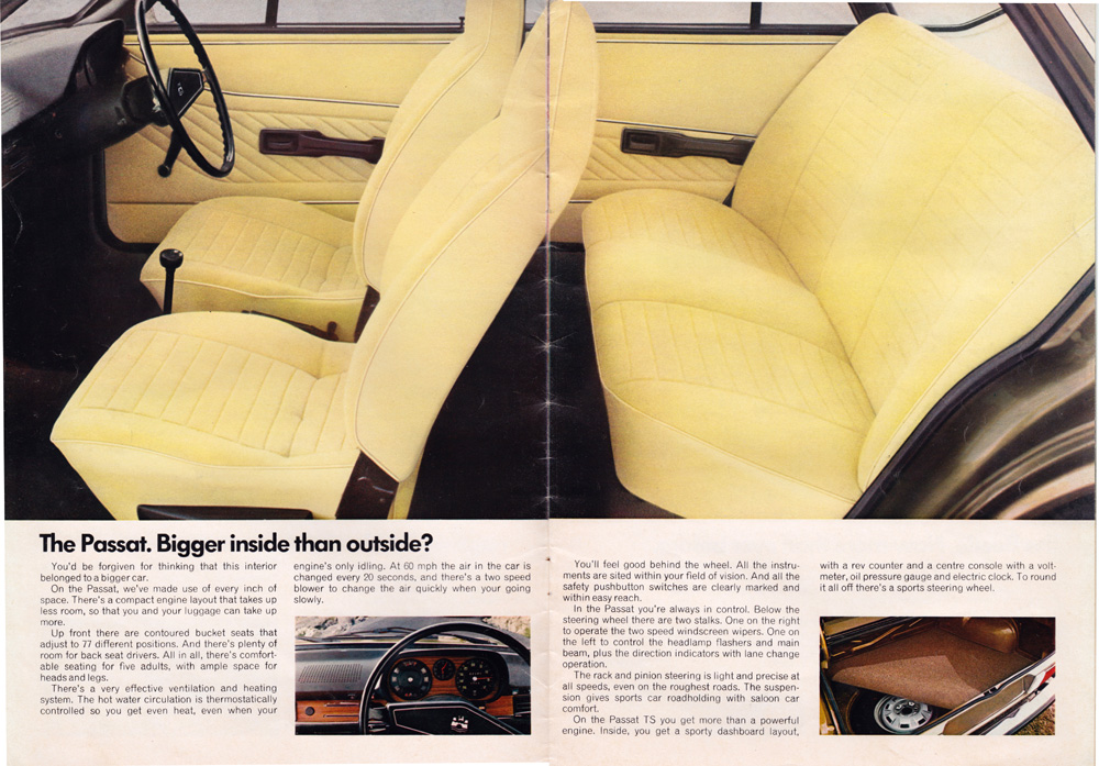 Volkswagen Passat interior with seats, dashboard, and cargo area shown.