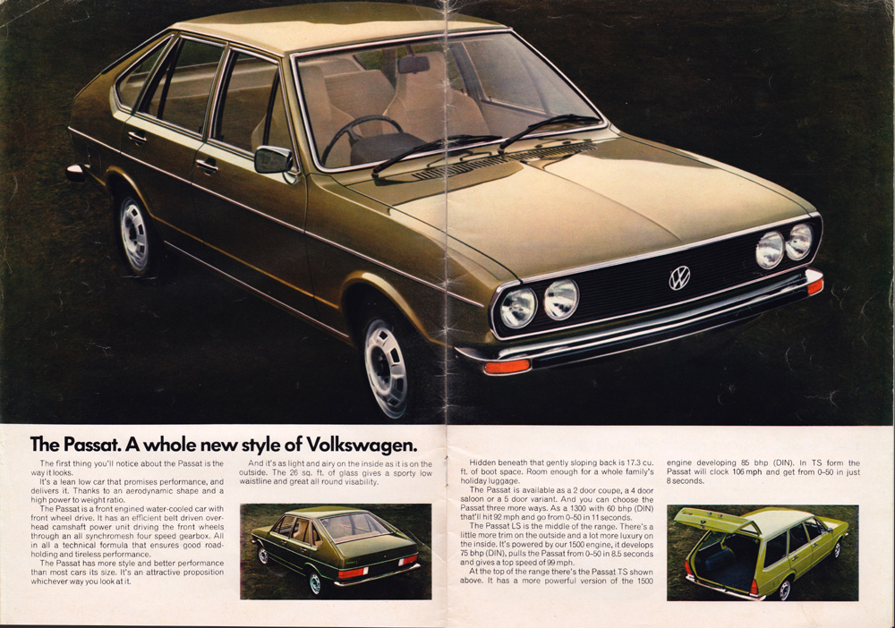 Vintage Volkswagen Passat advertisement with front, rear, and trunk photos.