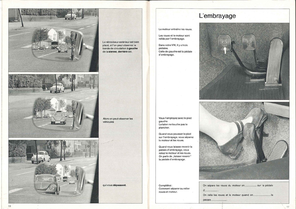 Vintage VW manual pages showing clutch pedal use and basic gear-shift instructions