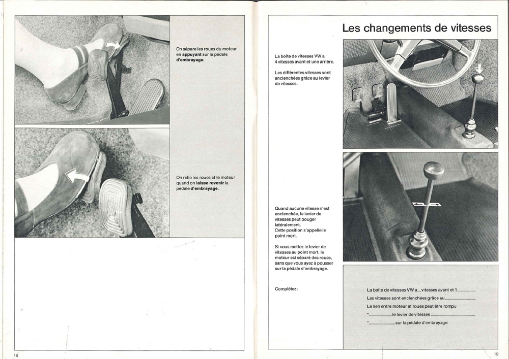 French VW guide pages explaining exterior mirror use and clutch pedal operation