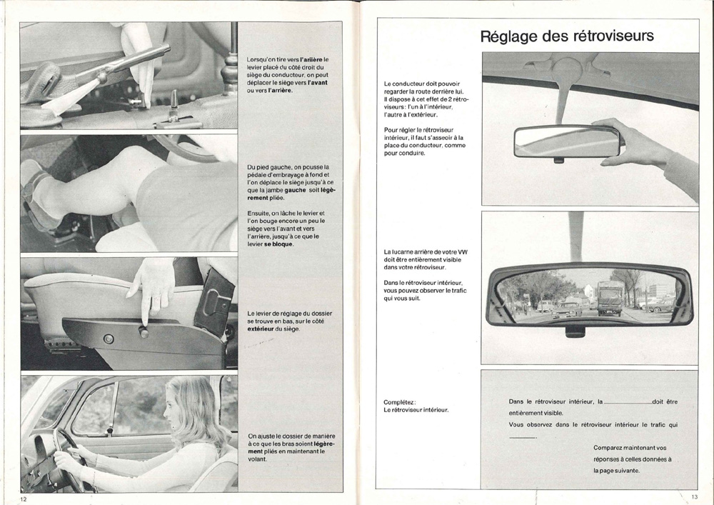 VW manual pages demonstrating seat adjustment and proper interior mirror positioning