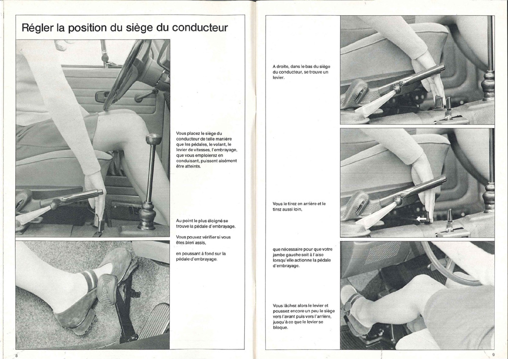 Instructional pages explaining correct VW driver seat placement for pedal reach