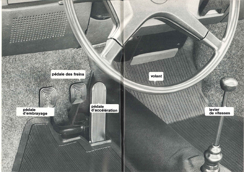 Diagram of VW clutch, brake, accelerator, steering wheel and gear lever layout