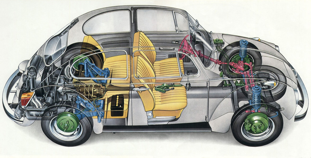 Semi-transparent cutaway showing suspension, seats and drivetrain layout.