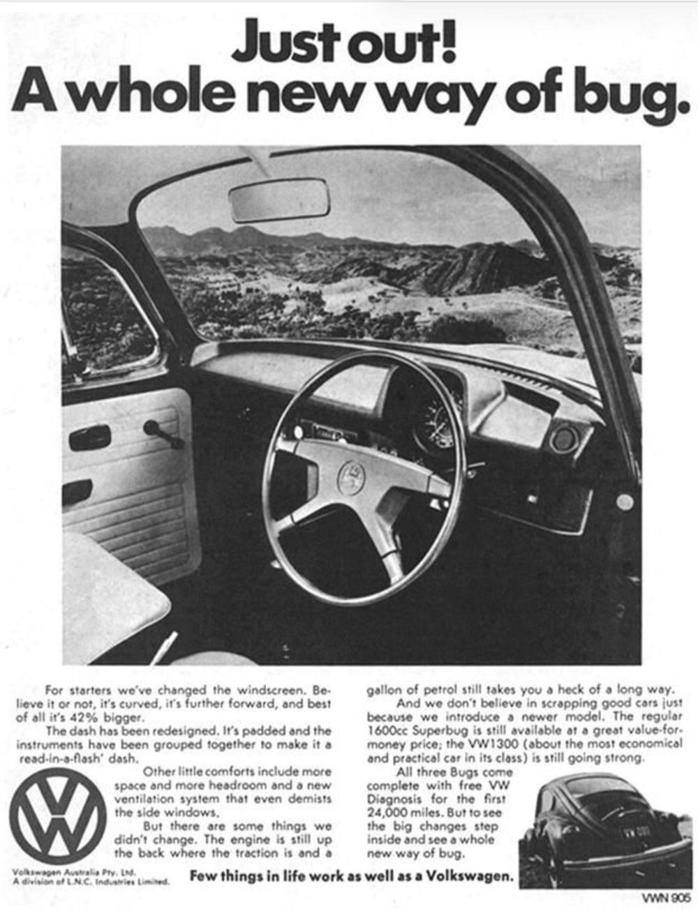 Interior view of a Superbug with curved windshield and redesigned dash.