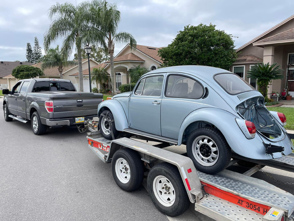 Baja Bug coming home after painting