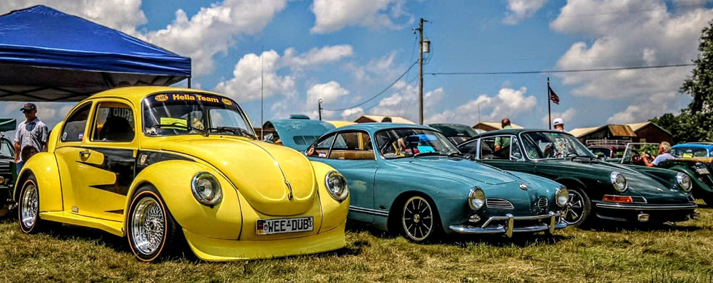 Side profile of a custom 1303 Super Beetle with BBS Retro rims and Diamondback Goldline tires