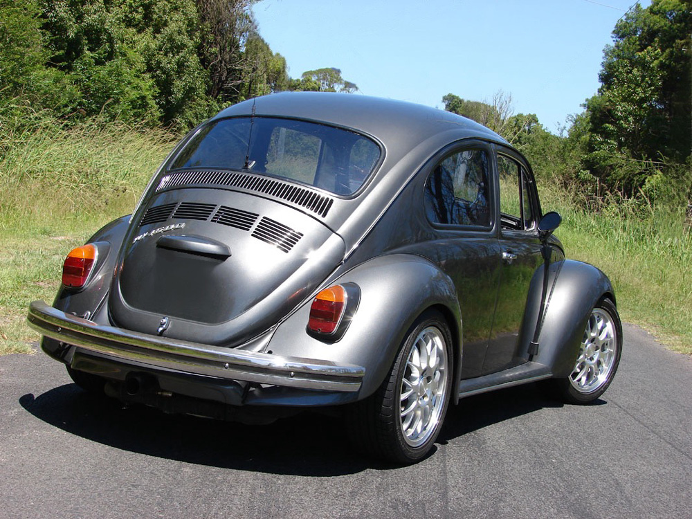 This is Jack Rizzo's modified Volkswagen Super Beetle, often referred to as a German Look custom.
