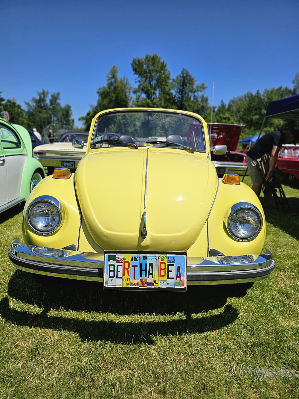 Front view of Lauren's yellow Volkswagen Super Beetle convertible with custom 'Bertha Bea' license plate at a car show