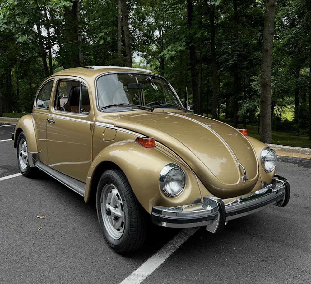   Gold Volkswagen Beetle parked on pavement in a wooded area with tall trees and greenery.