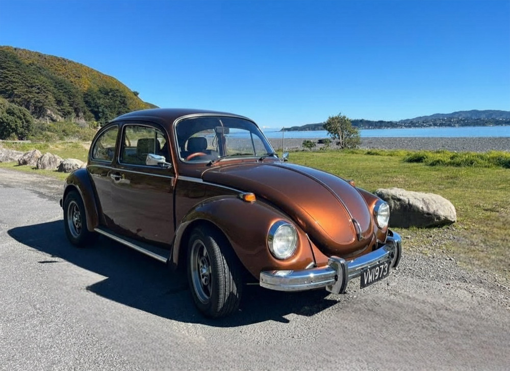 1303 Volkswagen Super Beetle parked by a river