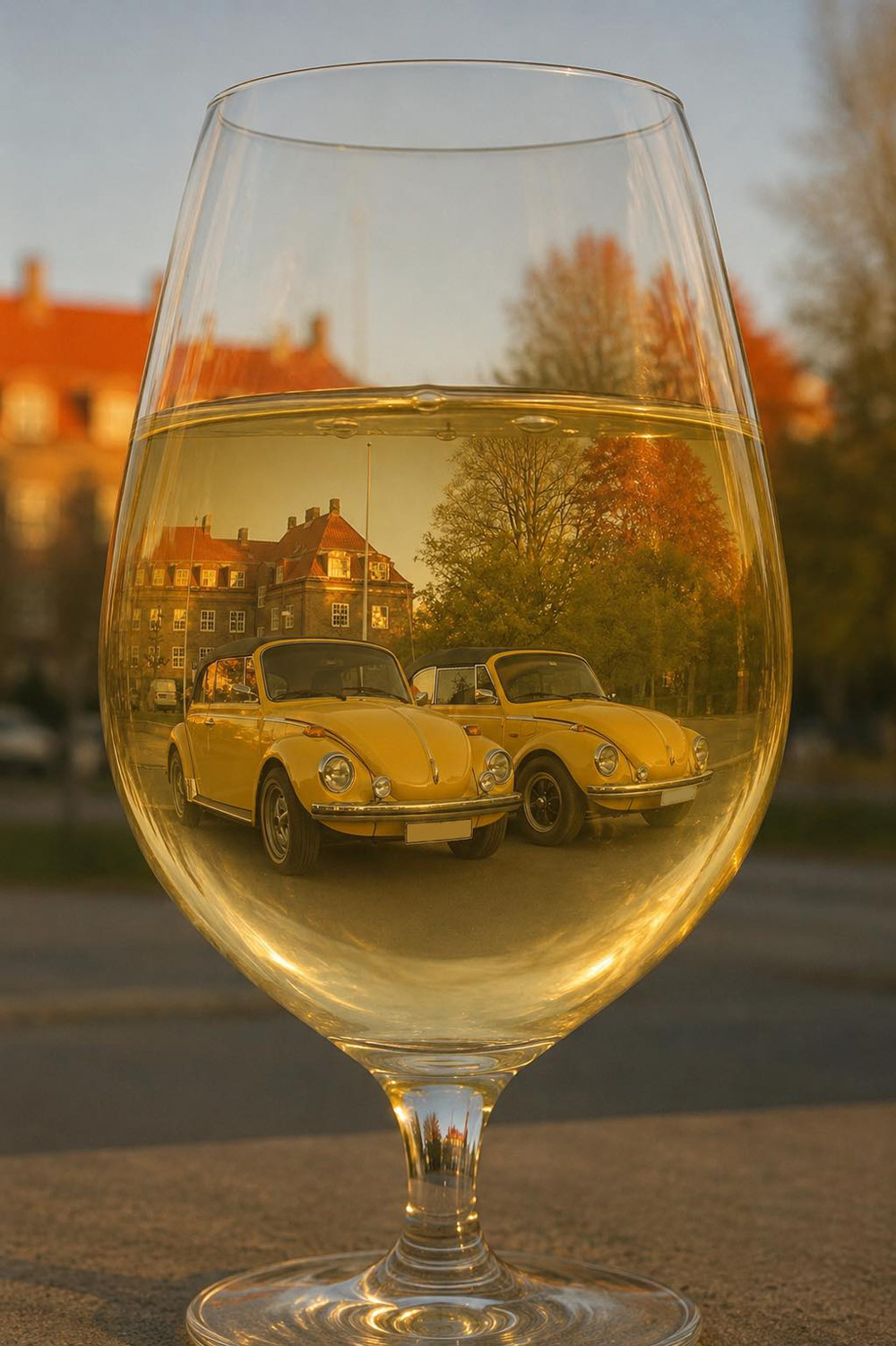 Two yellow Volkswagen Super Beetles reflected inside a wine glass at sunset.