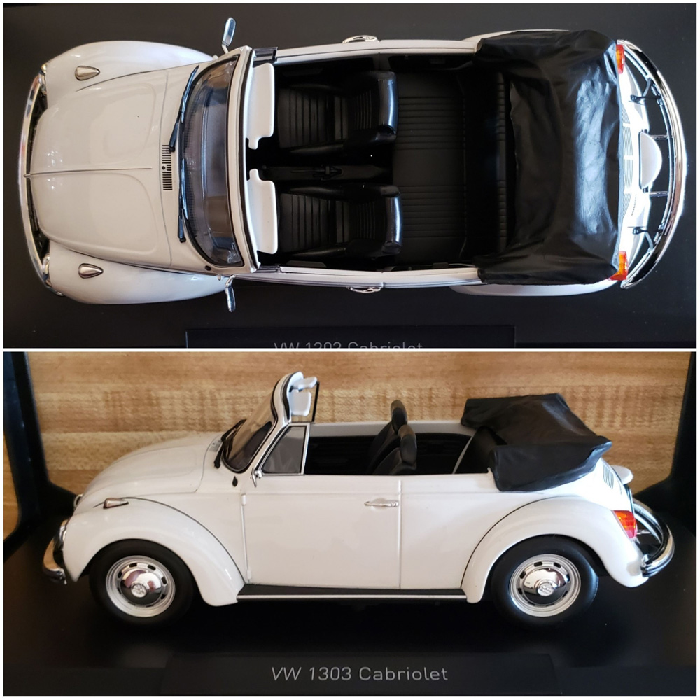 White VW Super Beetle Cabriolet model shown in top and side views on display base