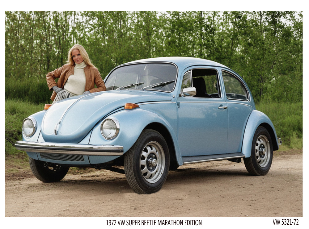 Light blue 1972 Volkswagen Super Beetle Marathon Edition parked on a dirt road with a person standing beside it