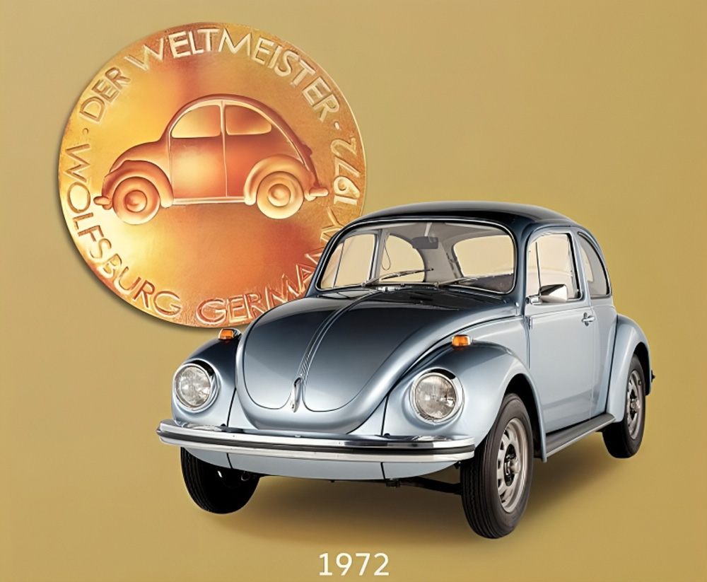Light blue Volkswagen Beetle shown with a gold Weltmeister medallion celebrating the 1972 world champion milestone