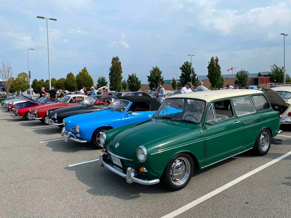 Volkswagen Type 3 Squareback and multiple Karmann Ghias lined up at a Canadian VW show