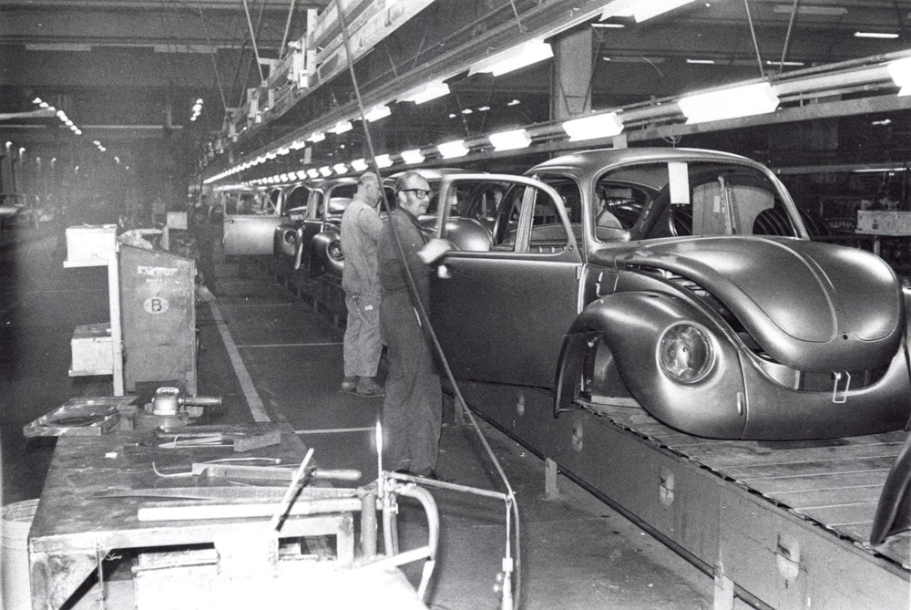 A 1973 model year VW 1303 heads a line of bodyshells at Volkswagen Brussels