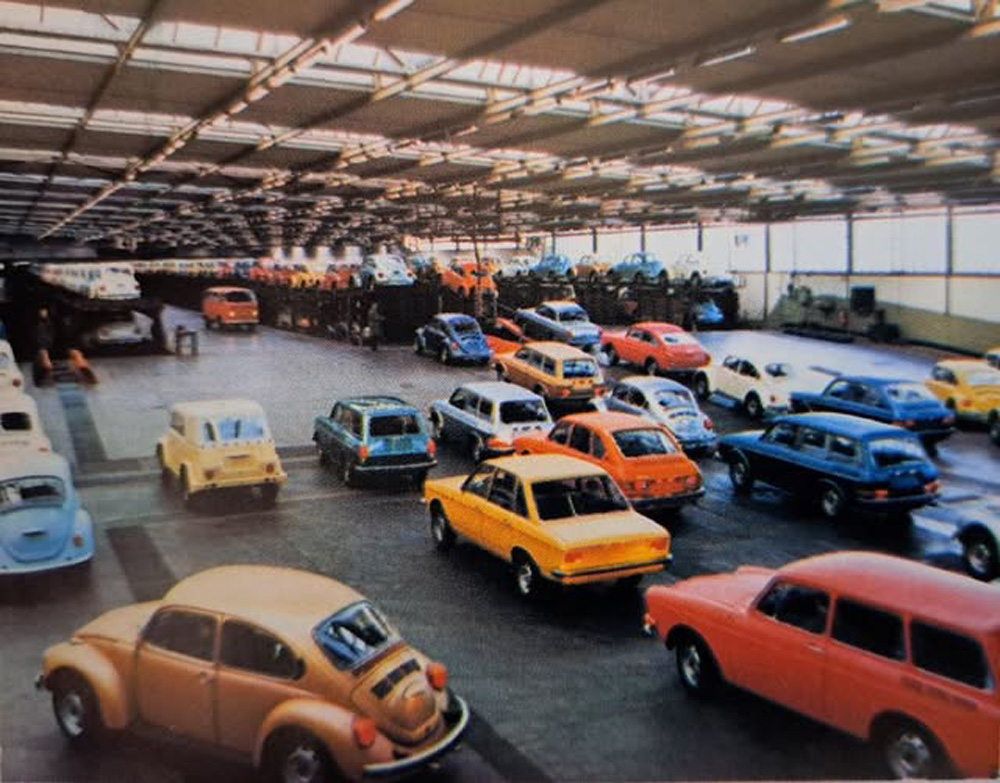 New VWs being loaded onto trains at the Wolfsburg factory in 1973