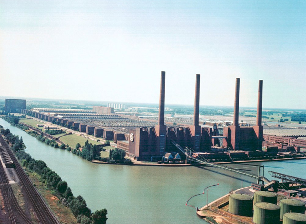 The triple smoke stacks of the Volkswagen plant in Wolfsburg.