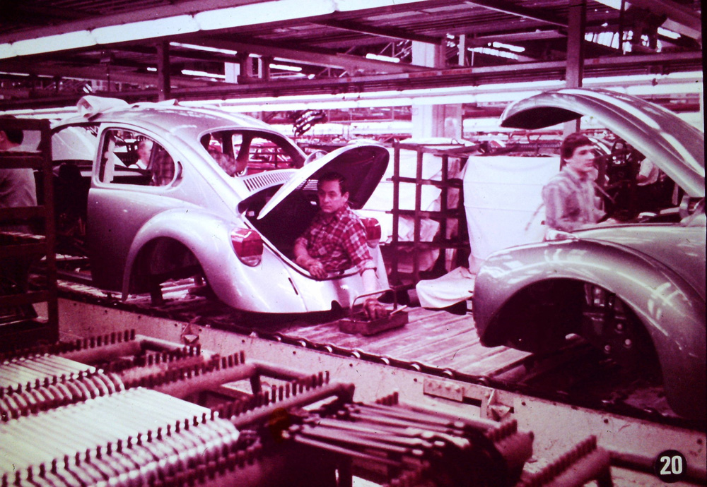 A worker takes a well deserved break on the Super Beetle assembly line