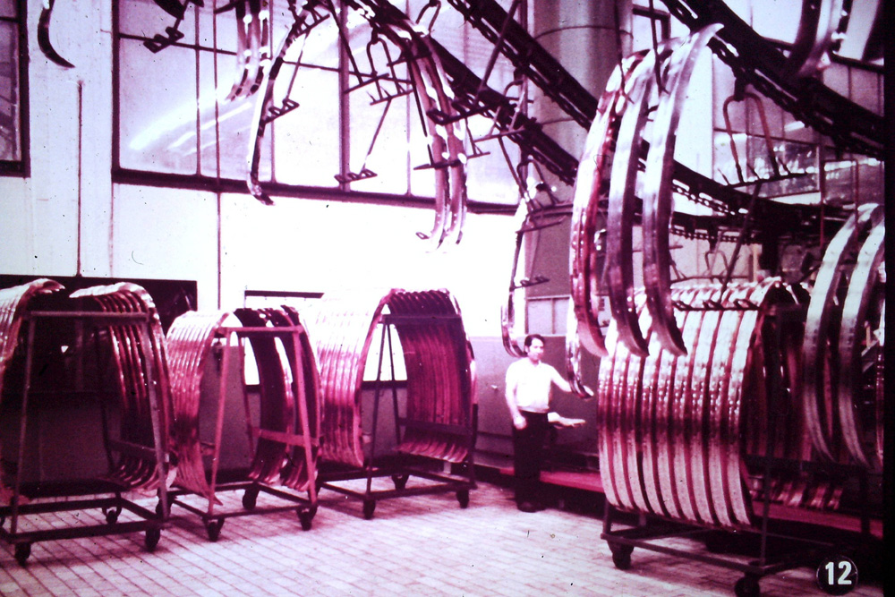 Volkswagen Super Beetle bumpers hang, ready for installation