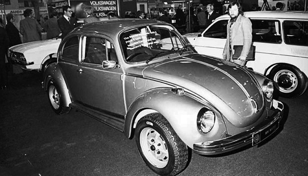 Volkswagen Super Beetle on display at London Auto show in 1974