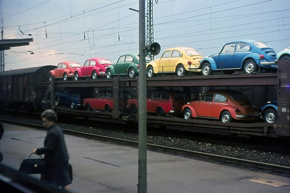 A train car with 1303 Beetles and 1600 Variants at the train station in Heidelberg, Germany