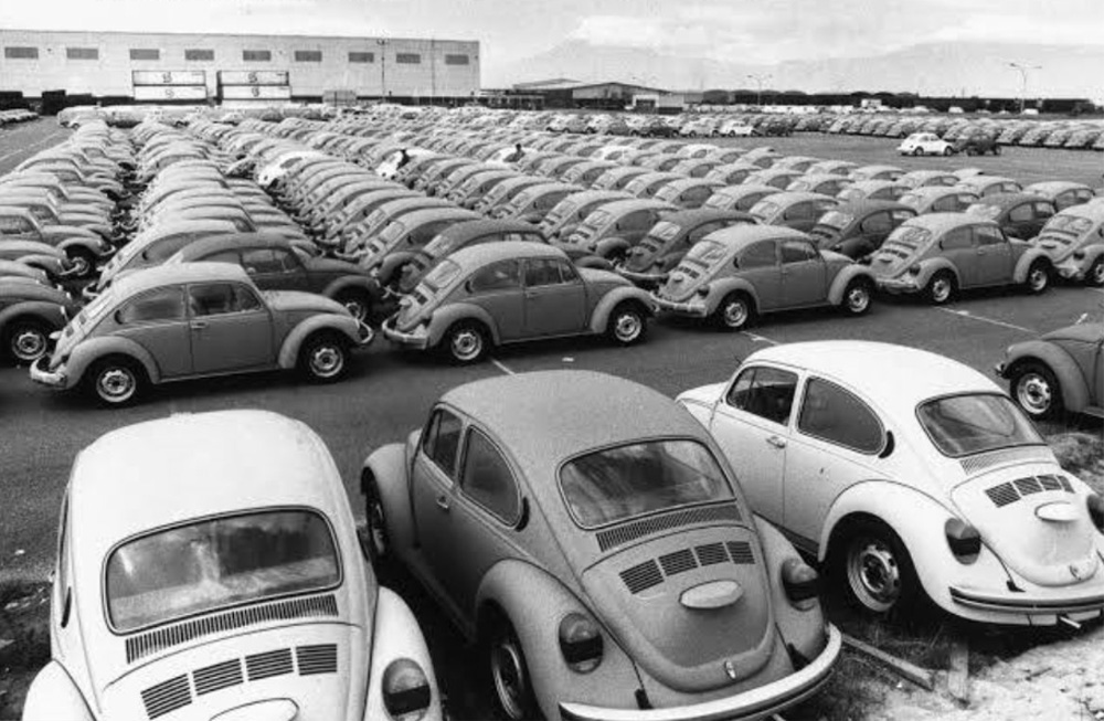 New Super Beetles awaiting shipment at the Volkswagen plant
